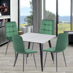 Urbn-Living Urbnliving 5Pcs White Matt Modern Ceramic Top Dining Table & Green Velvet Chairs With Metal Legs