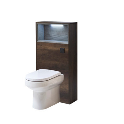 Homestylestore 600mm Dark Oak Wc Unit Led Lit Shelf Toilet And Black Flush Button - image 1