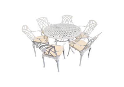 Sh&g Chirk 6 Seat Dining Table Set - 7 Piece Round Table & Chairs - White Aluminium With Cream Cushions - Outdoor - image 1