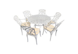 Sh&g Chirk 6 Seat Dining Table Set - 7 Piece Round Table & Chairs - White Aluminium With Cream Cushions - Outdoor - thumbnail 1