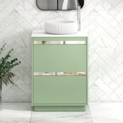 Royal Bathrooms Orion 600mm Mint Sage Floor Standing Plain White Countertop Vanity Unit 2 Drawer With Milan Basin & Chrome Accent Trim - image 1