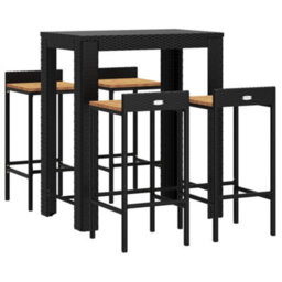 Berkfield 5 Piece Garden Bar Set Black Poly Rattan&solid Wood Acacia - thumbnail 3