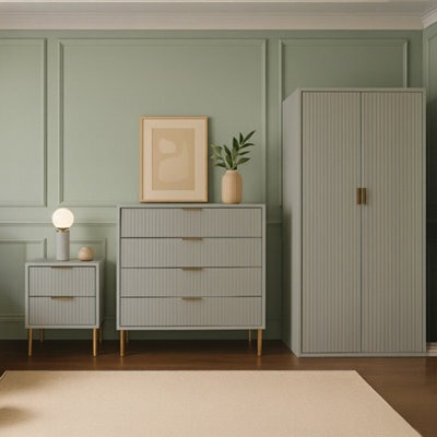 Home Treats Ridged Bedroom Furniture Set Wardrobe Chest Of 4 Drawers & Bedside Table Wood Taupe & Gold Handles - image 1