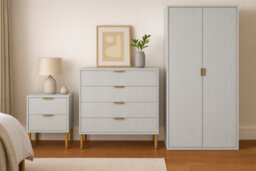 Home Treats Ridged Bedroom Furniture Set  Wardrobe Chest Of 4 Drawers & Bedside Table Wood  Taupe & Gold Handles - thumbnail 3