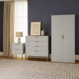 Home Treats Ridged Bedroom Furniture Set  Wardrobe Chest Of 4 Drawers & Bedside Table Wood  Taupe & Gold Handles - thumbnail 2