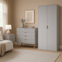 Home Treats Ridged Bedroom Furniture Set  Wardrobe Chest Of 4 Drawers & Bedside Table Wood  Taupe & Gold Handles - thumbnail 4