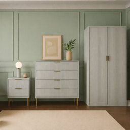 Home Treats Ridged Bedroom Furniture Set  Wardrobe Chest Of 4 Drawers & Bedside Table Wood  Taupe & Gold Handles - thumbnail 8