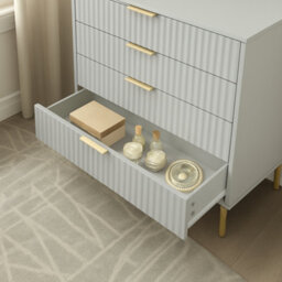 Home Treats Ridged Bedroom Furniture Set  Wardrobe Chest Of 4 Drawers & Bedside Table Wood  Taupe & Gold Handles - thumbnail 5