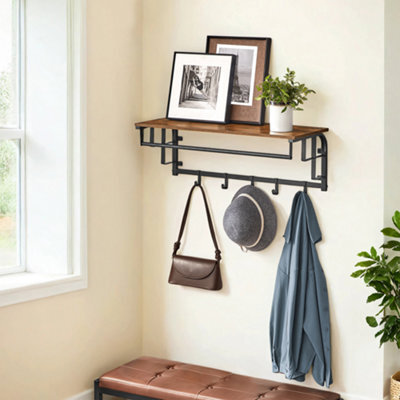 LEDREM Coat Rack Wall-Mounted, Clothes Rail With 5 Removable Coat Hooks,bedroom, Living Room, Brown And Black - image 1