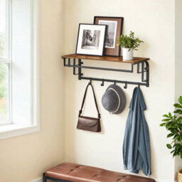 LEDREM Coat Rack Wall-Mounted, Clothes Rail With 5 Removable Coat Hooks,bedroom, Living Room, Brown And Black - thumbnail 1