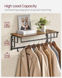 LEDREM Coat Rack Wall-Mounted, Clothes Rail With 5 Removable Coat Hooks,bedroom, Living Room, Brown And Black - thumbnail 4