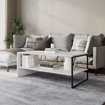 Urbn-Living Urbnliving 100Cm Width Wooden Coffee Table Steel Frame Open Storage Shelf Living Room Furniture, White - image 1