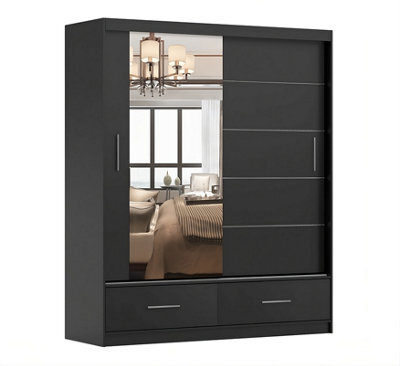 Arte Florence Matt Black Mirrored Sliding Door Wardrobe 1500mm H2180mm D600mm - Functional Storage With Two Drawers And Five Shelves - image 1