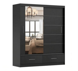 Arte Florence Matt Black Mirrored Sliding Door Wardrobe 1500mm H2180mm D600mm - Functional Storage With Two Drawers And Five Shelves - thumbnail 1