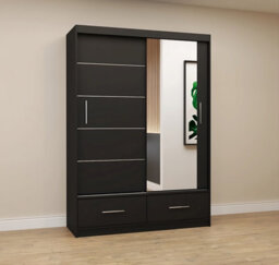 Arte Florence Matt Black Mirrored Sliding Door Wardrobe 1500mm H2180mm D600mm - Functional Storage With Two Drawers And Five Shelves - thumbnail 2