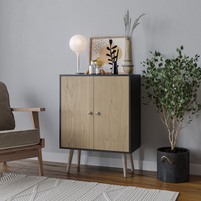 Urbn-Living Urbnliving 60Cm Height 2 Tier Black Wooden Bookcase With Oak Door Scandinavian Style Pine Legs Bedroom Shelf - image 1