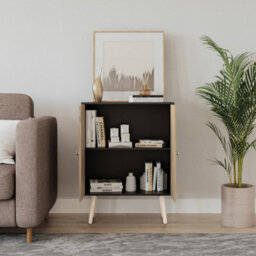 Urbn-Living Urbnliving 60Cm Height 2 Tier Black Wooden Bookcase With Oak Door Scandinavian Style Pine Legs Bedroom Shelf - thumbnail 2