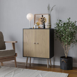 Urbn-Living Urbnliving 60Cm Height 2 Tier Black Wooden Bookcase With Oak Door Scandinavian Style Pine Legs Bedroom Shelf