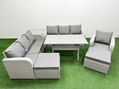 Fimous 9 Seater Poly Rattan Outdoor Garden Furniture Rectangular Dining Table Sofa Set 3 Seater Sofa 2 Big Footstools Side Table - image 1
