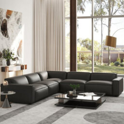 Valencia Nathan Full Aniline Leather Lounge Modular L Shape Sofa Black Fsc Pine Wood Top Stitched Seam - thumbnail 2