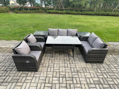 Fimous Dark Grey Rattan Garden Furniture Set Reclining Chair Love Sofa 2 Seater Sofa Set Outdoor Dining Table 2 Side Tables - image 1