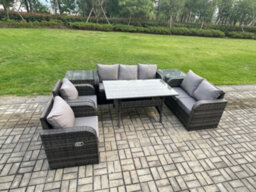 Fimous Dark Grey Rattan Garden Furniture Set Reclining Chair Love Sofa 2 Seater Sofa Set Outdoor Dining Table 2 Side Tables - thumbnail 2