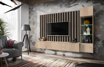 Arte Verti Wall Entertainment Unit In Oak Hickory - Contemporary Design With Led Lighting (W2200mm H1480mm D350mm) - image 1