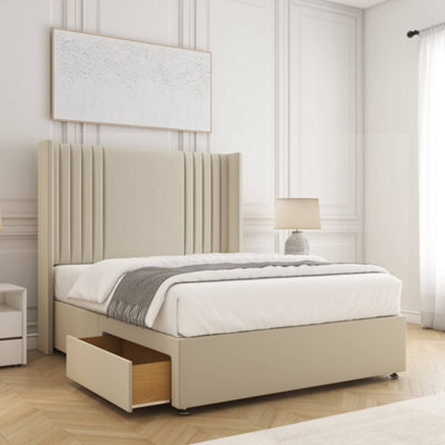 Bsspoke Cheshire Divan Bed Set Cream Plush Velvet With 54Inch Panel Headboard & 2 Drawers Footend & No Mattress In All Sizes - image 1