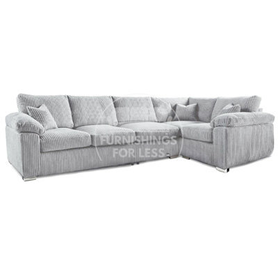 Furnishings For Less UK Delta Large Long Narrow Silver 5 Seater Corner Sofa Right Hand Facing Jumbo Cord L Shape