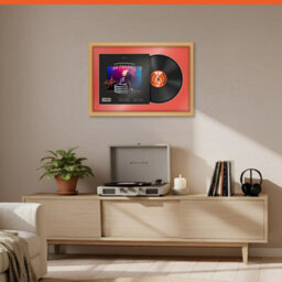 "AK Frames 25X17"" Country Pine Modern Vinyl Record Frame With Poppy Red Mount For 12 Inch Lp Cover & Disc - Overlapped Design" - thumbnail 8