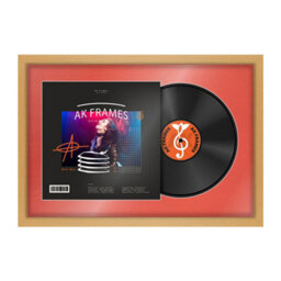 "AK Frames 25X17"" Country Pine Modern Vinyl Record Frame With Poppy Red Mount For 12 Inch Lp Cover & Disc - Overlapped Design" - thumbnail 1