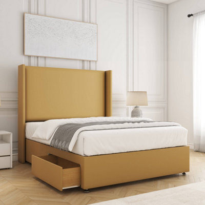 Bsspoke Austin Divan Bed Set Mustard Plush Velvet With 54Inch Wingedback Headboard 2 Drawers Footend & No Mattress In All Sizes - image 1