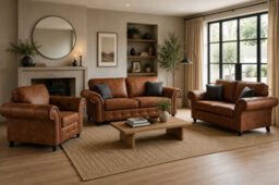 SC FURNITURE LIMITED Tan Brown Fabric 3 Seater + 2 Seater + Armchair Suite Oldham - thumbnail 1