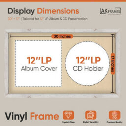 "30X17"" White Rustic Modern Vinyl Record Frame With Ivory Mount For 12 Inch Lp Album Cover & Disc - Ak Frames" - thumbnail 2