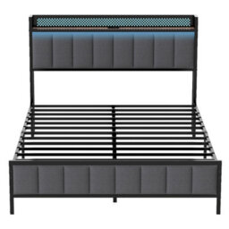 Levede King Bed Frame Upholstered Headboard Metal Base Led Usb Lights - thumbnail 3