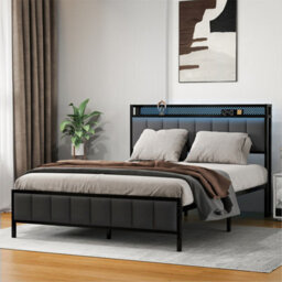Levede King Bed Frame Upholstered Headboard Metal Base Led Usb Lights - thumbnail 1