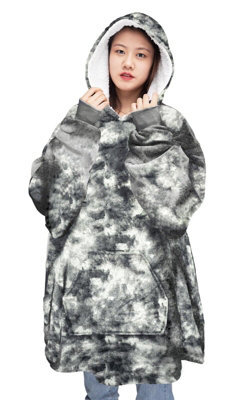 Homes & Linen Tie Dye Grey Oversized Hoodie Wearable Giant Hooded Sherpa Fleece Soft Warm