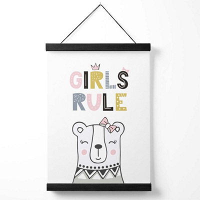Artze Wall Art Cute Girls Rule Bear Scandi Quote Art Print With Black Frame Size: A4 - image 1