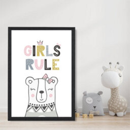 Artze Wall Art Cute Girls Rule Bear Scandi Quote Art Print With Black Frame Size: A4 - thumbnail 2