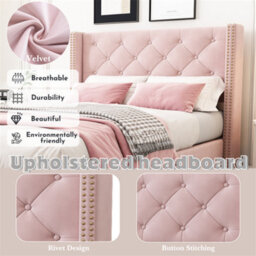 Abrihome Upholstered Single Bed With Slatted Frame And Headboard, Button Rivet Upholstery, Wooden Legs, Velvet, Pink - thumbnail 2