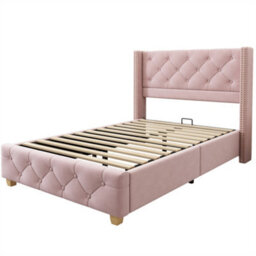 Abrihome Upholstered Single Bed With Slatted Frame And Headboard, Button Rivet Upholstery, Wooden Legs, Velvet, Pink - thumbnail 4