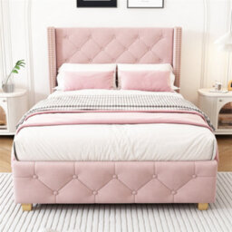 Abrihome Upholstered Single Bed With Slatted Frame And Headboard, Button Rivet Upholstery, Wooden Legs, Velvet, Pink - thumbnail 8