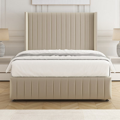 Bsspoke Luna Divan Bed Set Cream Plush Velvet 54Inch Wingedback Headboard & Footboard & Mattress No Drawers In All Sizes - image 1