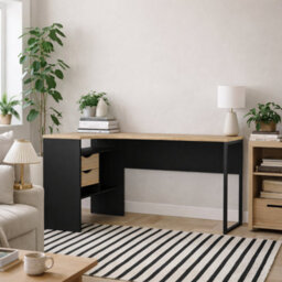 Wyld Haus Billabong L-Shaped Corner Desk - Black Matt And Natural Oak, 2 Drawers, 3 Shelves