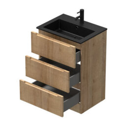 Aveli Fluted Wood 600mm Freestanding Bathroom Vanity Unit With Black Basin - thumbnail 4