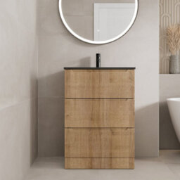 Aveli Fluted Wood 600mm Freestanding Bathroom Vanity Unit With Black Basin - thumbnail 1