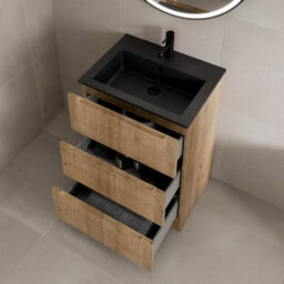 Aveli Fluted Wood 600mm Freestanding Bathroom Vanity Unit With Black Basin - thumbnail 3