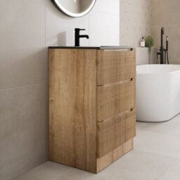 Aveli Fluted Wood 600mm Freestanding Bathroom Vanity Unit With Black Basin - thumbnail 2