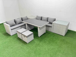 Fimous Rattan Garden Furniture Dining Set 8-Seater Patio Rectangular Table Sofa Set With 2 Side Tables 2 Small Stools Light Grey - thumbnail 2