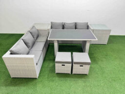 Fimous Rattan Garden Furniture Dining Set 8-Seater Patio Rectangular Table Sofa Set With 2 Side Tables 2 Small Stools Light Grey - thumbnail 1